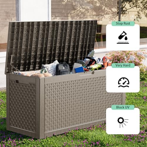 outdoor waterproof resin storage deck box lockable outside showing dimensions