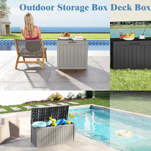 outdoor deck storage box, 75 gallon deck box,lockable, front angle view