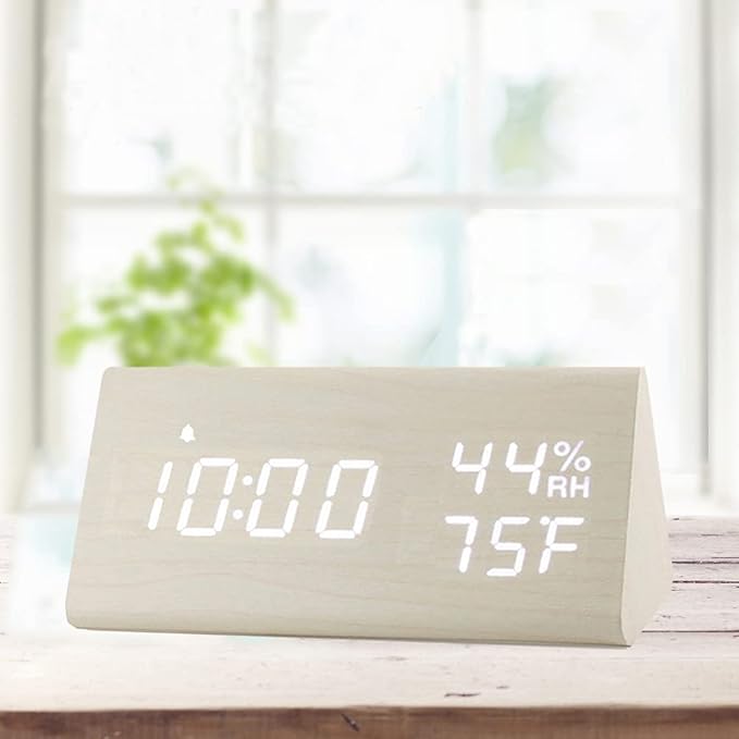 Digital Alarm Clock, with Wooden Electronic LED Time Display, 3 Alarm Settings - Image 2