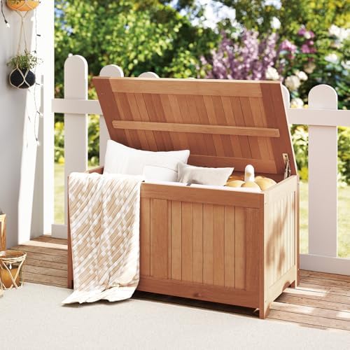 tangkula 52 gallon wood outdoor storage box, 3-in-1, front angle view