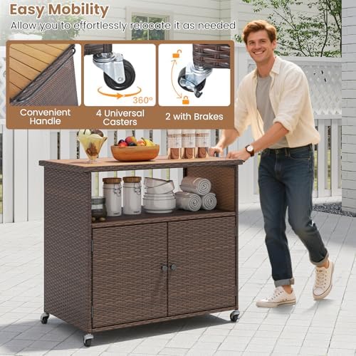 tangkula rattan outdoor storage cabinet with 4 wheels on a desk or shelf