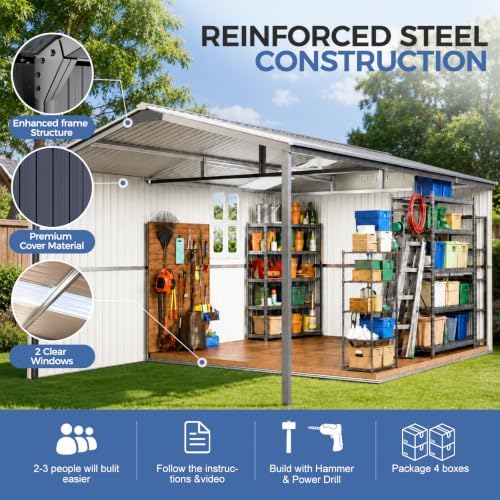 10x15.5 ft metal storage shed with window, lockable showing dimensions