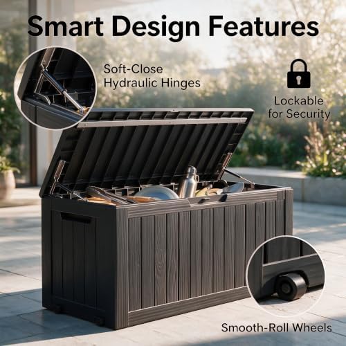 92 gal deck box,waterproof resin outdoor storage gas, side view