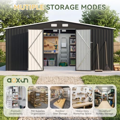 aoxun 14x12 ft outdoor metal storage shed with showing dimensions