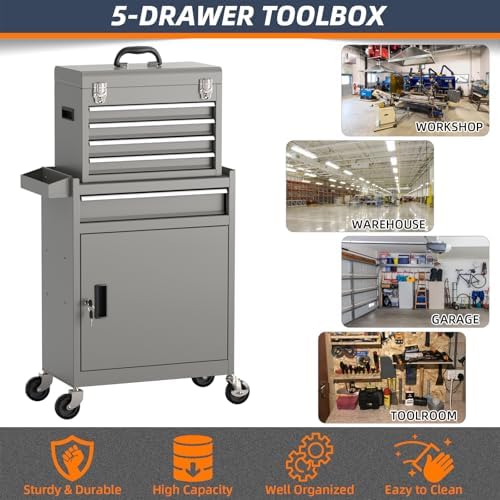 5-drawer high capacity rolling tool box, removable cabinet, front angle view