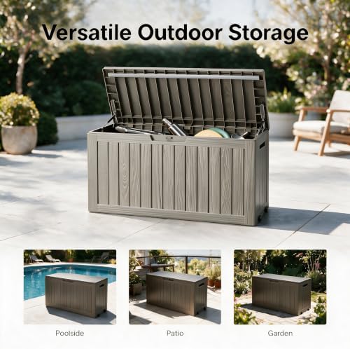 92 gal deck box,waterproof resin outdoor storage gas, front angle view