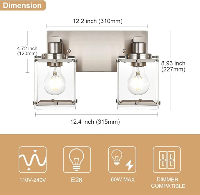 WINSHEN 2-Lights Wall Sconce Lighting E26 Bulb Base, Modern Brushed Nickel - Image 4