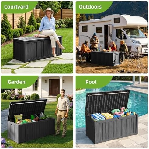 150 gallon outdoor storage deck box waterproof resin on a desk or shelf