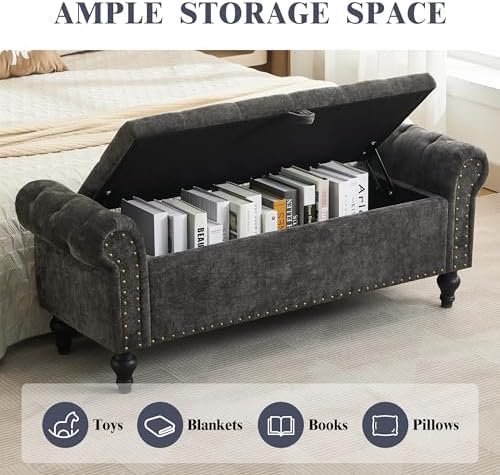 51" storage bench for bedroom, upholstered ottoman bench showing dimensions