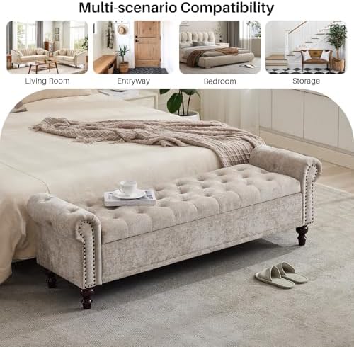 softhion 67" storage bench for bedroom, chenille upholstered, front angle view
