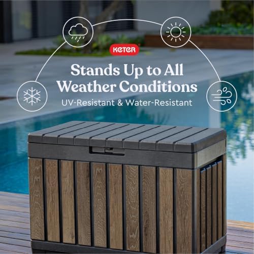 keter premium everwood 50 gal outdoor storage box, close-up detail