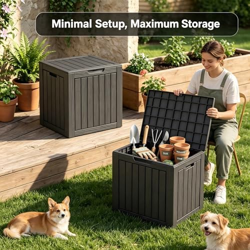 outdoor storage box resin deck box waterproof black shown in use