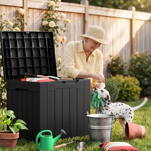 jummico 31 gallon resin deck box waterproof outdoor on a desk or shelf