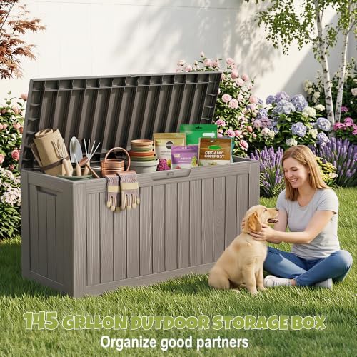 145 gallon outdoor storage box waterproof deck box, side view