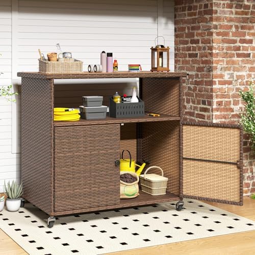 tangkula rattan outdoor storage cabinet with 4 wheels, view 9
