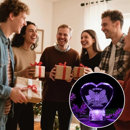 250th Anniversary 1776-2026 Heart Crystal LED Lamp, Engraved Crystal Night Light with Auto Color Changing, USB Powered Desk Decor Lamp for Men Women Veterans History Lovers