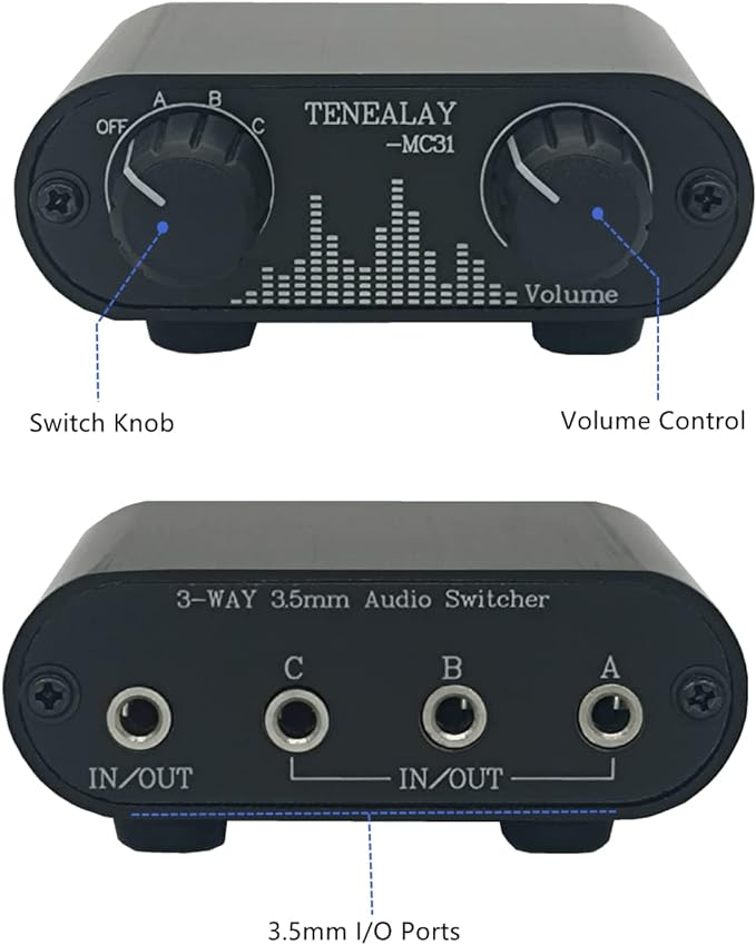 3.5mm Audio Switch with line Volume Controller, 3 in 1 Out 1/8" aux switcher - Image 2