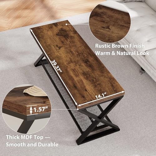 lvb rustic brown entryway bench, 39" industrial shoe, side view
