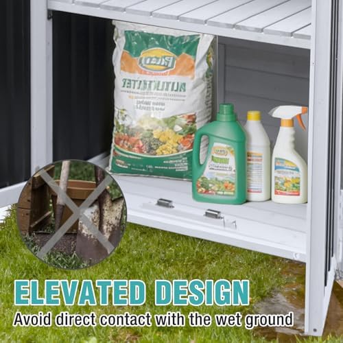 5ft outdoor storage shed with 3-level adjustable shelves showing dimensions