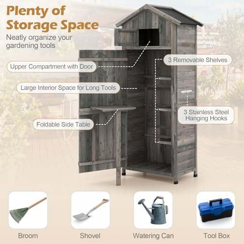 ironmax outdoor wooden storage shed with folding table, close-up detail
