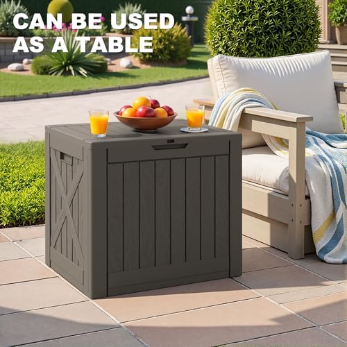 greesum 40 gallon resin deck box, outdoor storage shown in use