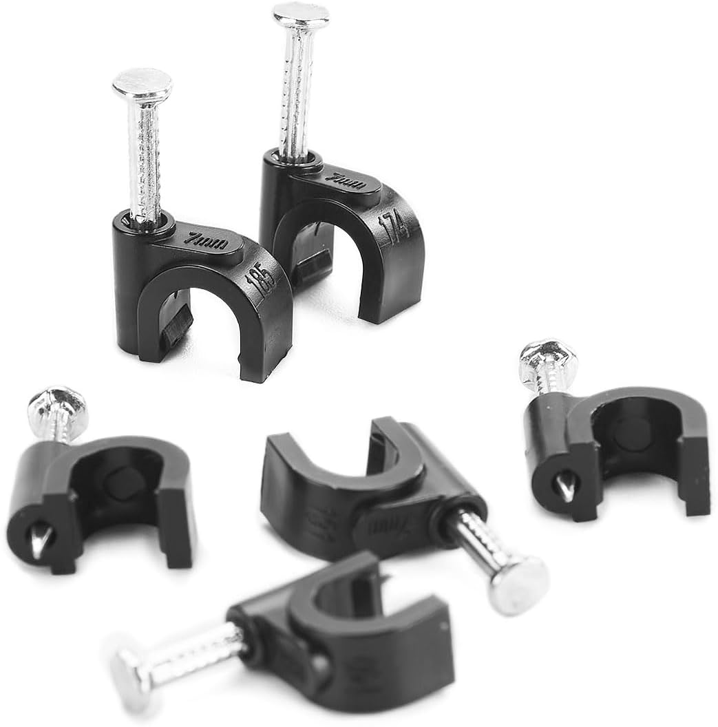 HS 7mm Ethernet Cat6 Cable Clips Clamps RG6 with Steel Nail (200 Pack) Wire Clips Black for Wall,Cord Management