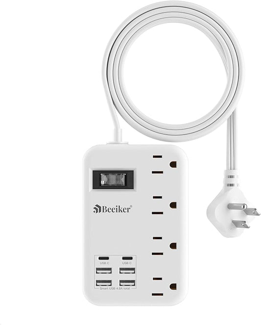 6 USB Travel Power Strip- Flat Plug Extension Cord 3 Feet by Beeiker-BetterHelperforYou