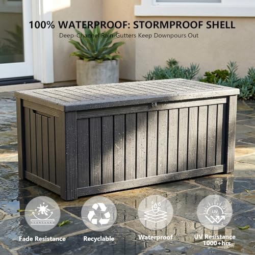 outdoor storage box, 150 gallon waterproof deck box showing dimensions