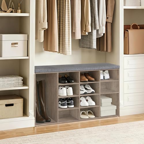 dinzi lvj shoe storage bench with cushion, 16-cubby showing dimensions