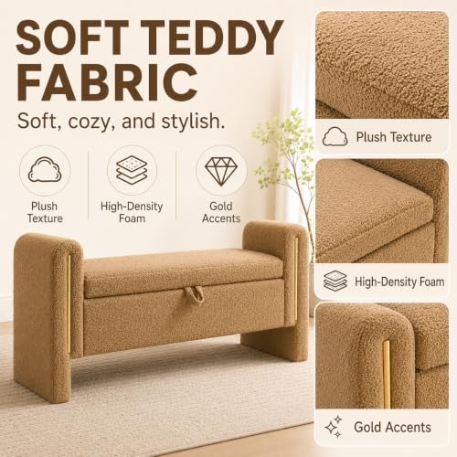 52" upholstered storage bench, brown, armrests, wood frame showing dimensions