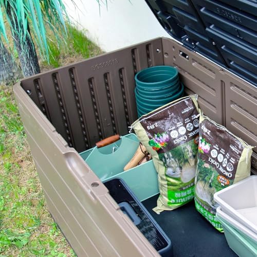 mrosaa resin deck storage box, 85 gallon outdoor, front angle view