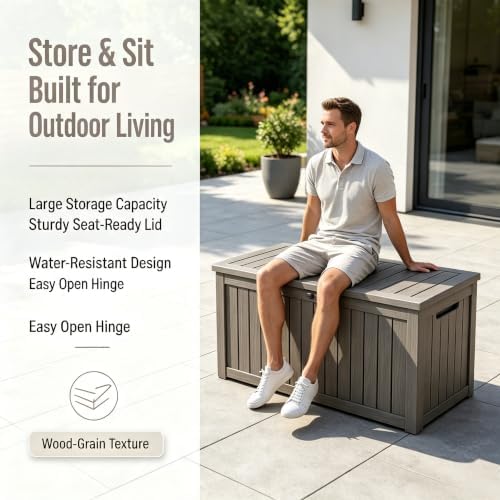 makino 198 gallon large resin outdoor storage box, front angle view