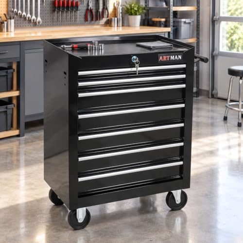 7 drawers rolling tool cart on wheels, multifunctional, front angle view