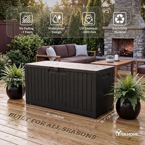 yitahome large deck box 120 gallon resin outdoor showing dimensions
