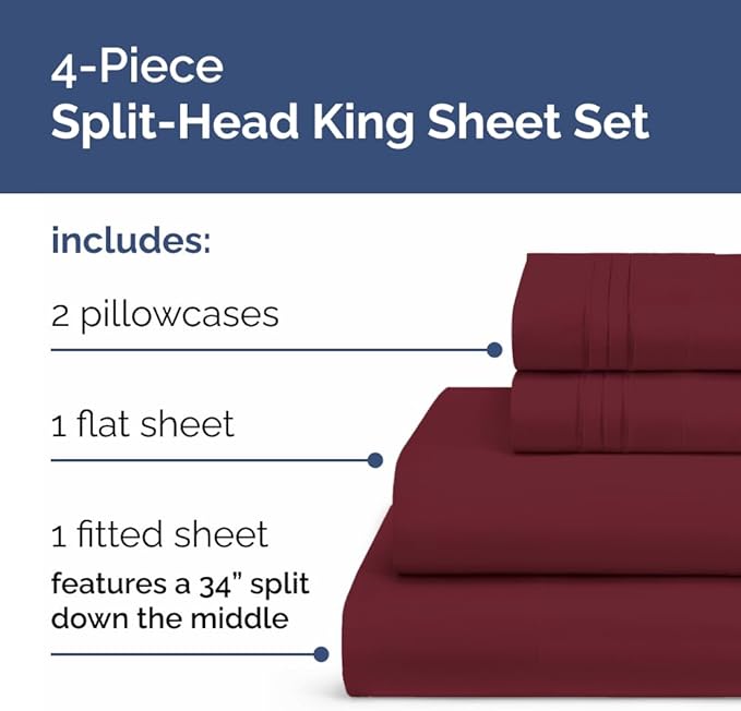 Split Head King Sheet Set – 4 Piece Flex Split Top King Sheets - Image 2