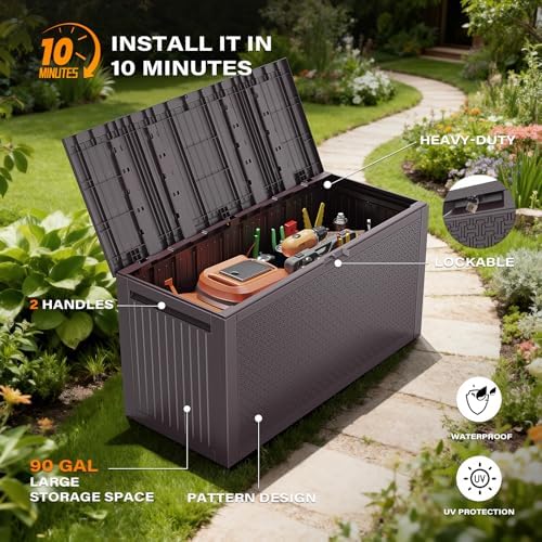 vingli 90 gallon lockable durable outdoor storage box, side view
