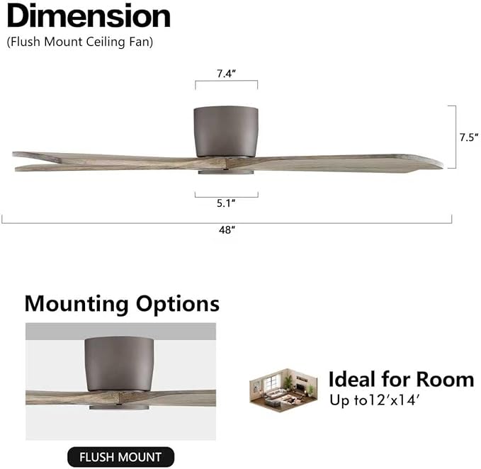 WINGBO 48" Flush Mount DC Ceiling Fans without Lights, 5 Carved Solid Wood - Image 4