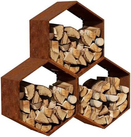 firewood log rack, heavy-duty hexagon, indoor & outdoor, front angle view