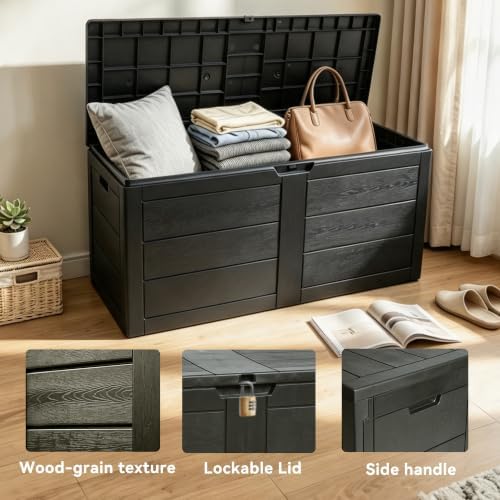 70 gallon deck box, outdoor storage box waterproof showing dimensions