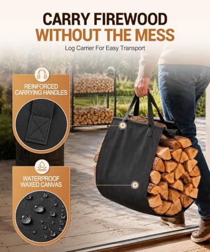42.5in firewood rack ourdoor with log carrier bag, side view