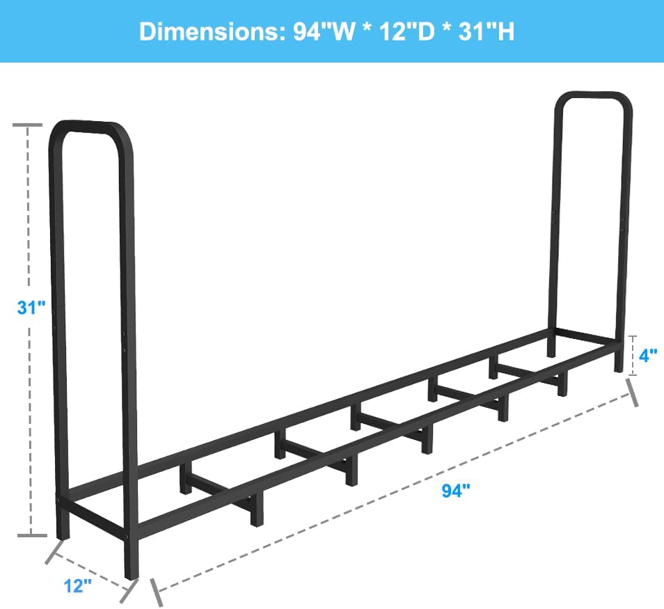 8ft firewood rack holder, adjustable heavy duty fire, front angle view