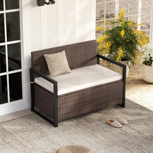 relax4life wicker rattan outdoor storage loveseat bench mix, front angle view