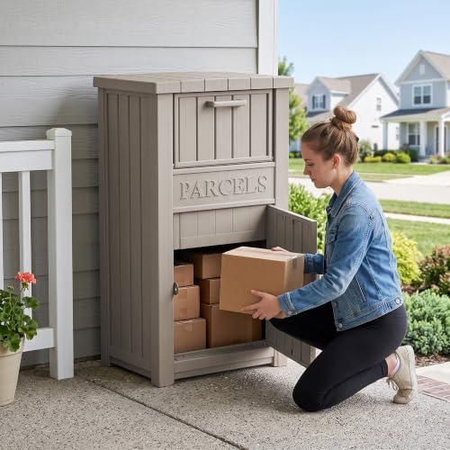 package delivery boxes for outside, 120 gallon outdoor, front angle view