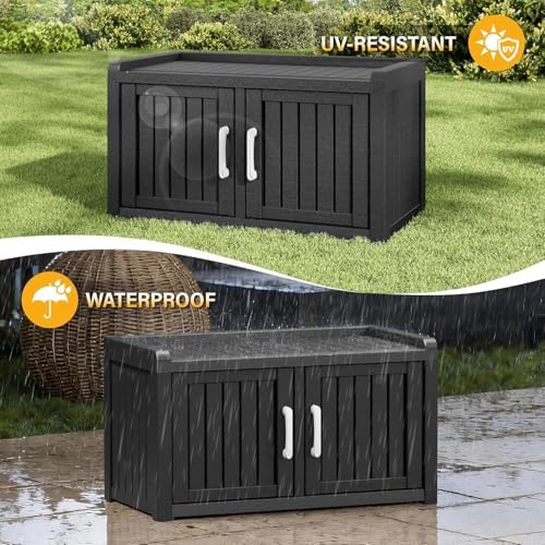 outdoor shoe storage bench with 2 doors, waterproof showing dimensions