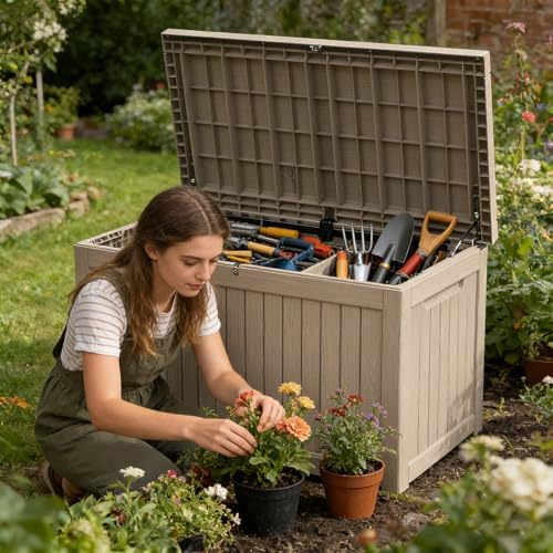 270 gallon outdoor storage box resin deck box on a desk or shelf