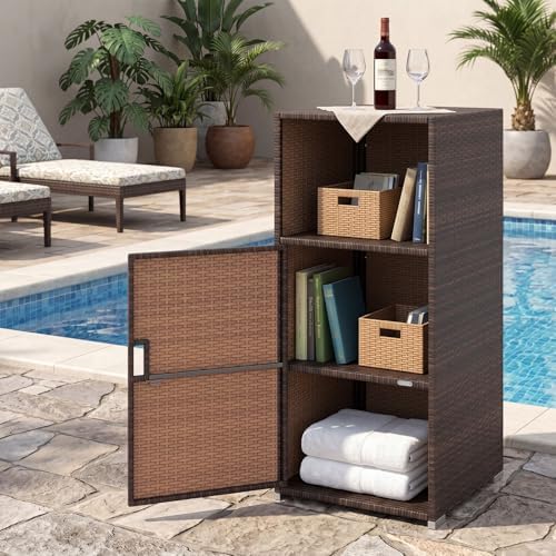 tangkula rattan outdoor storage cabinet with 3 storage, front angle view