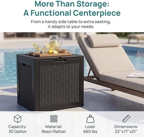 nicbex 30 gallon deck box, waterproof resin rattan, side view