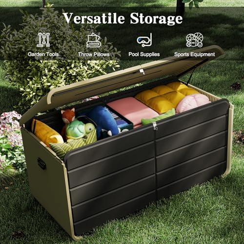 domi 260 gallon resin deck box, outdoor waterproof on a desk or shelf