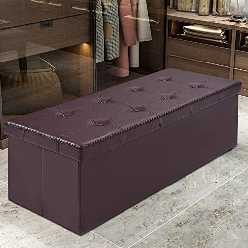 43" folding storage ottoman bench, faux leather storage shown in use