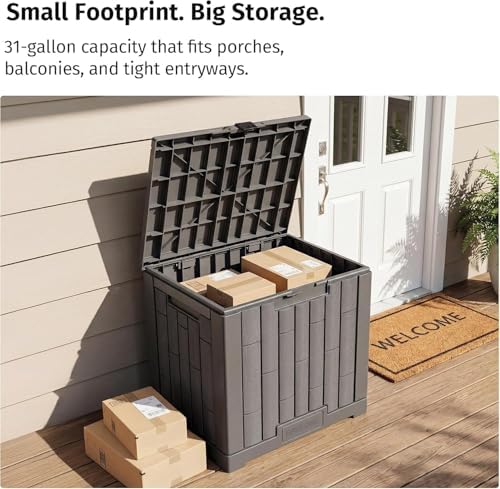 east oak outdoor storage box, 31 gallon 2 shown in use